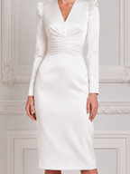 White Dress Ruffle Shoulder Ruched Waist Pencil Midi Dress