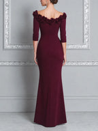 Burgundy Red Dress Fall Wedding Guest Dress Floral Off Shoulder Slit Maxi Dress