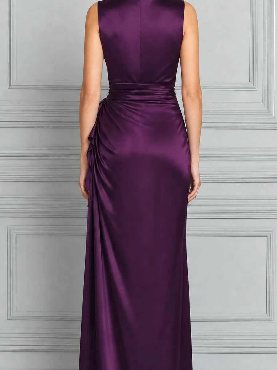 Purple Dress Fall Wedding Guest Dress Draped Satin Maxi Dress