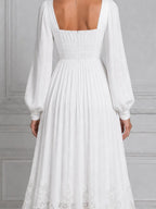 White Dress Lace Hem Square Neck Pleated Maxi Dress
