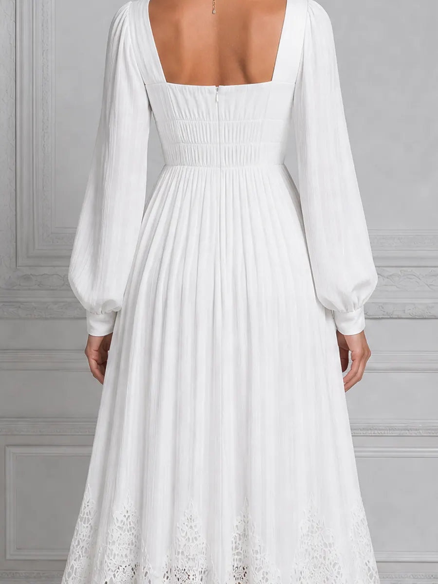 White Dress Lace Hem Square Neck Pleated Maxi Dress