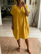 Casual Loose Half-zip Linen And Cotton Dress