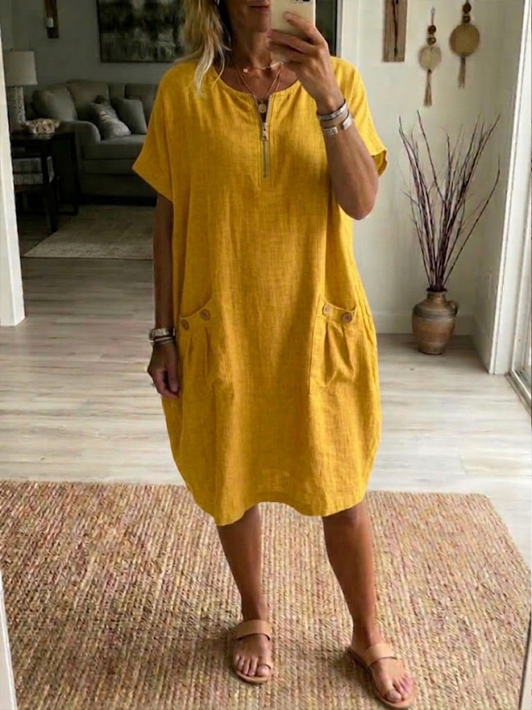 Casual Loose Half-zip Linen And Cotton Dress