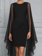 Black Sheer Chiffon Cape Sleeve  Overlay Pencil  Dress