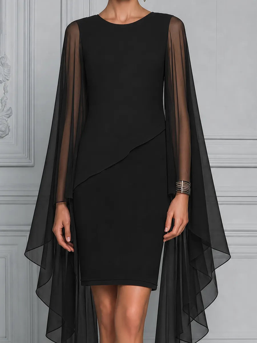 Black Sheer Chiffon Cape Sleeve  Overlay Pencil  Dress