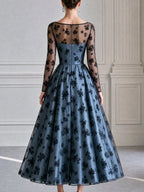 Dusty Blue Flocked Floral Tulle A-Line Midi Evening Dress