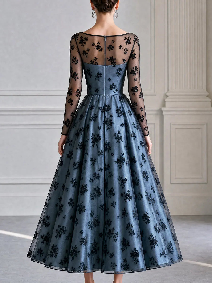 Dusty Blue Flocked Floral Tulle A-Line Midi Evening Dress