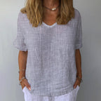 Women's Retro Striped Jacquard Casual V-Neck Cotton And Linen Top