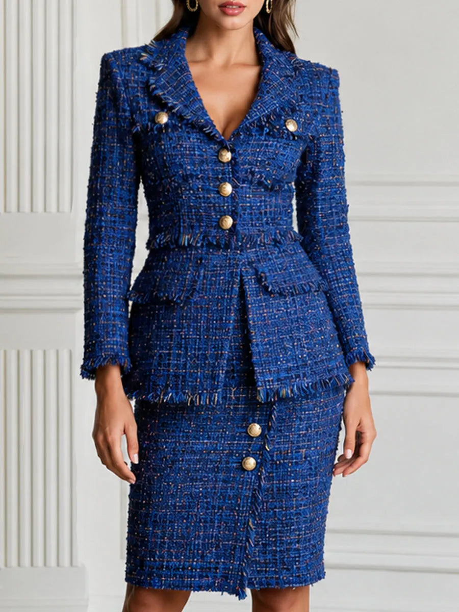 Elegant Royal Blue Tweed Fringe Blazer & Pencil Skirt Set