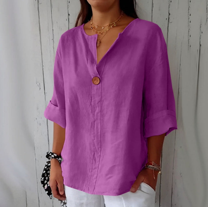 Solid Color Linen Blend Loose Blouse