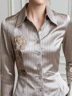 Floral Print Pinstripe Satin Fitted Shirt