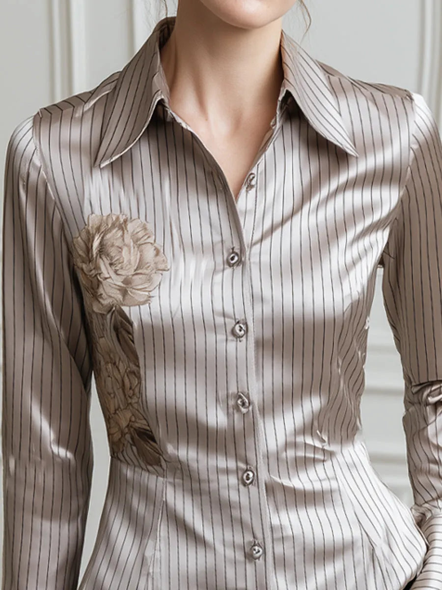 Floral Print Pinstripe Satin Fitted Shirt