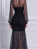 Black Dress Fall Wedding Guest Dress Polka Dot Mesh Mermaid Midi Dress