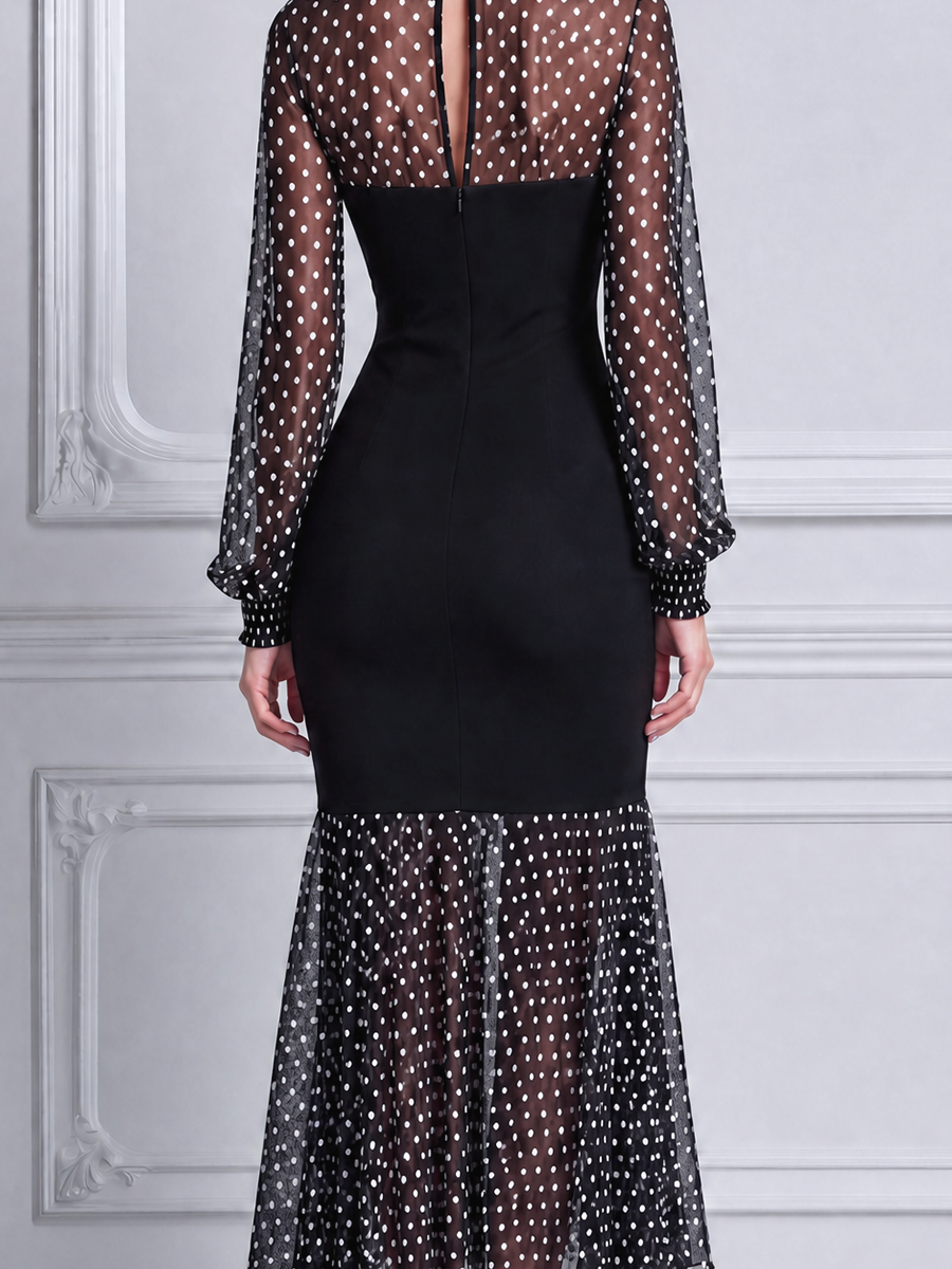 Black Dress Fall Wedding Guest Dress Polka Dot Mesh Mermaid Midi Dress