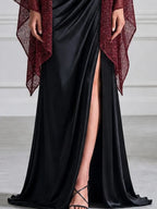 Ruched Satin Maxi Evening Gown With Glitter Mesh Shawl