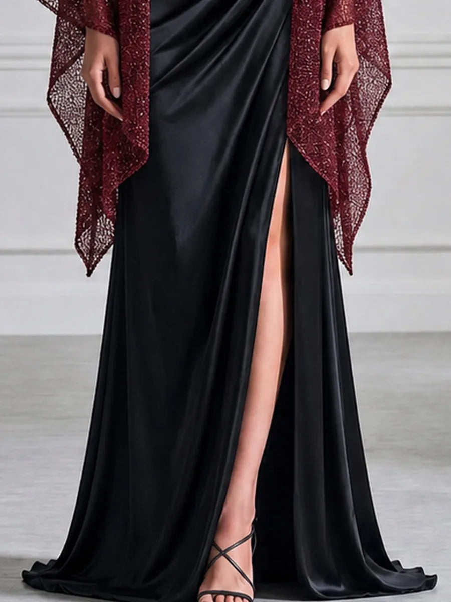 Ruched Satin Maxi Evening Gown With Glitter Mesh Shawl