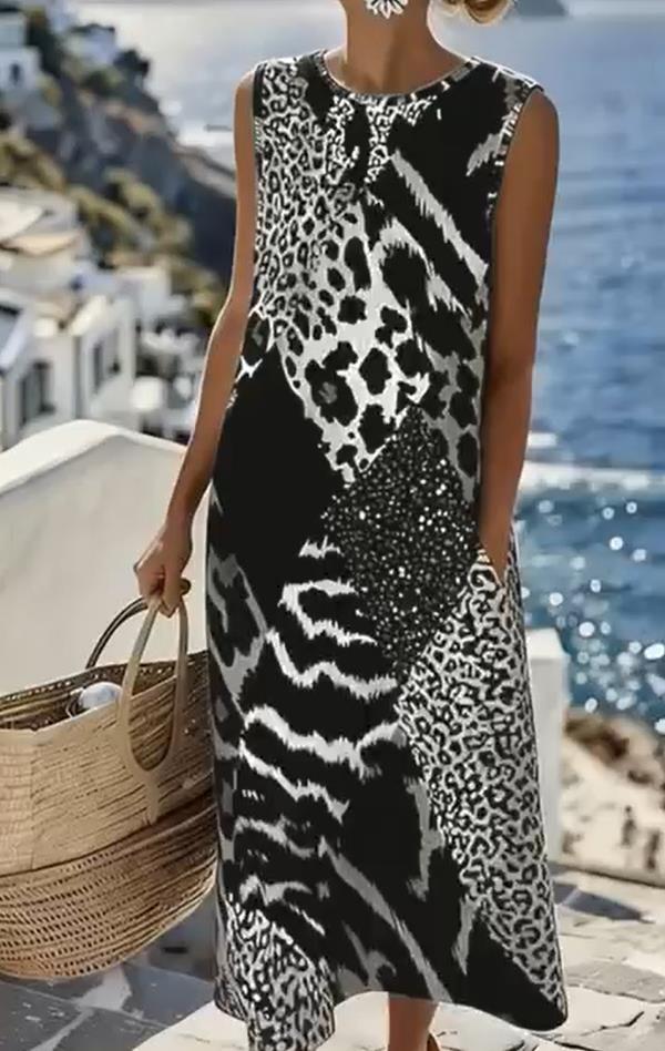 Stylish Sleeveless Leopard-Print Patchwork Resort Dress