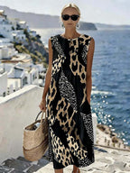 Stylish Sleeveless Leopard-Print Patchwork Resort Dress