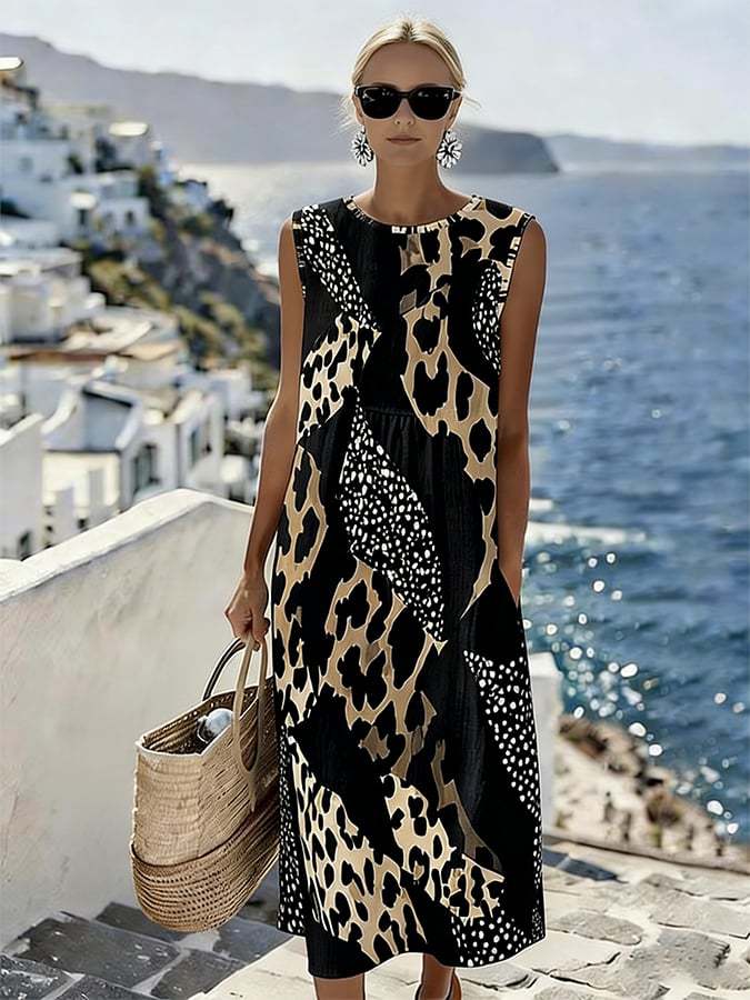 Stylish Sleeveless Leopard-Print Patchwork Resort Dress