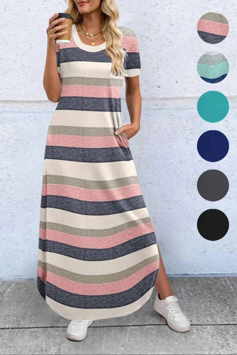 Women's Plain Pocket Round Neck Curved Hem Jersey Tee Dress Style