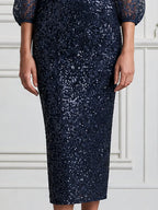 Sequin Lace Mock Neck Sheer Sleeves Midi Dress