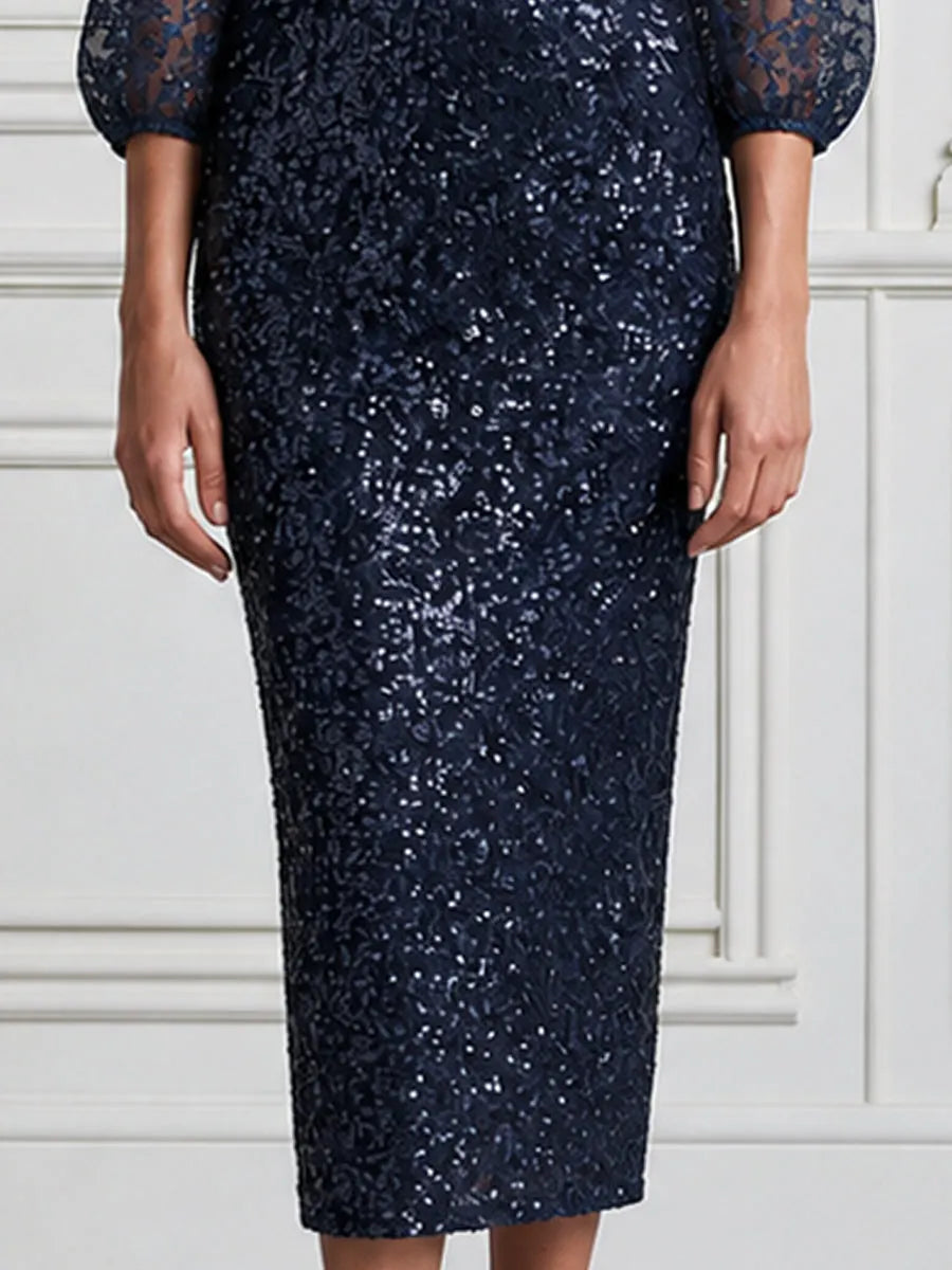 Sequin Lace Mock Neck Sheer Sleeves Midi Dress
