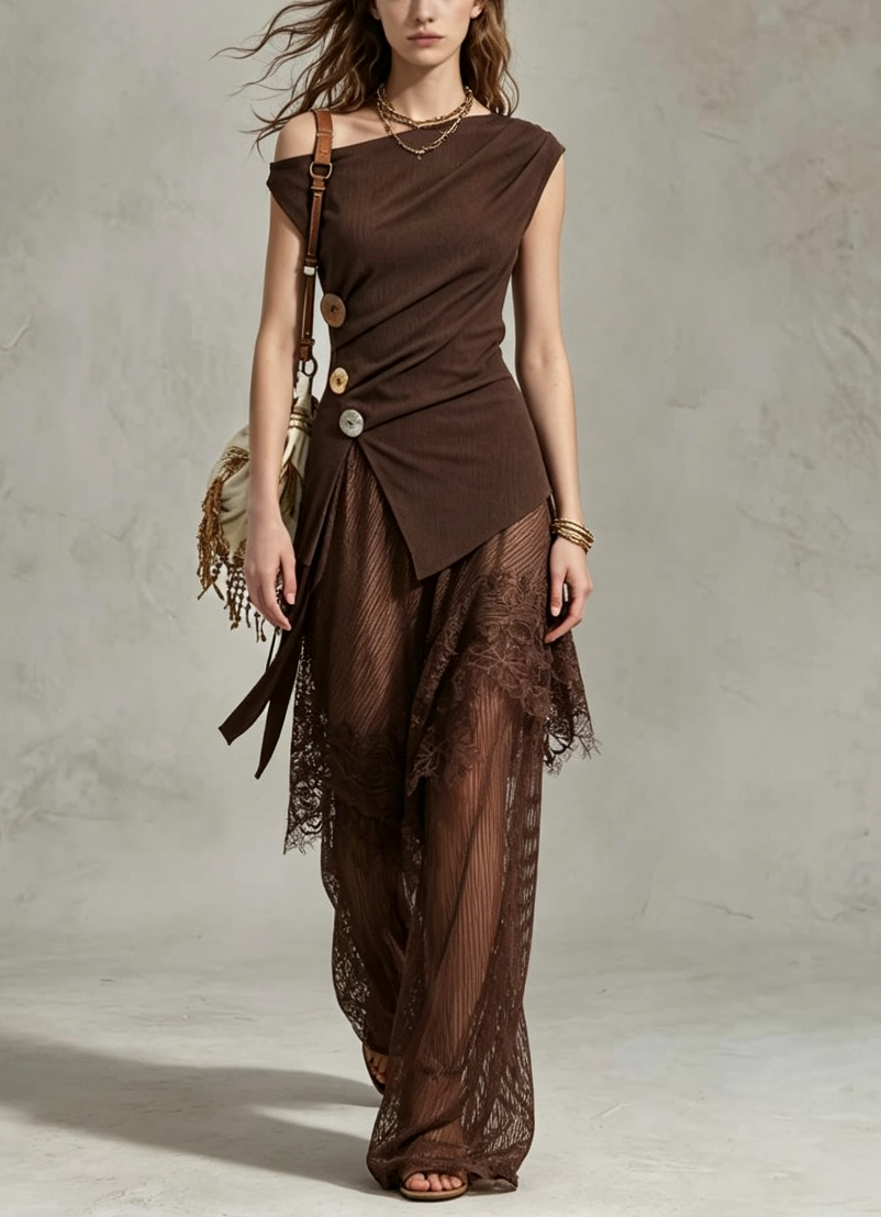 Asymmetric Button Top And Sheer Lace Pants Set