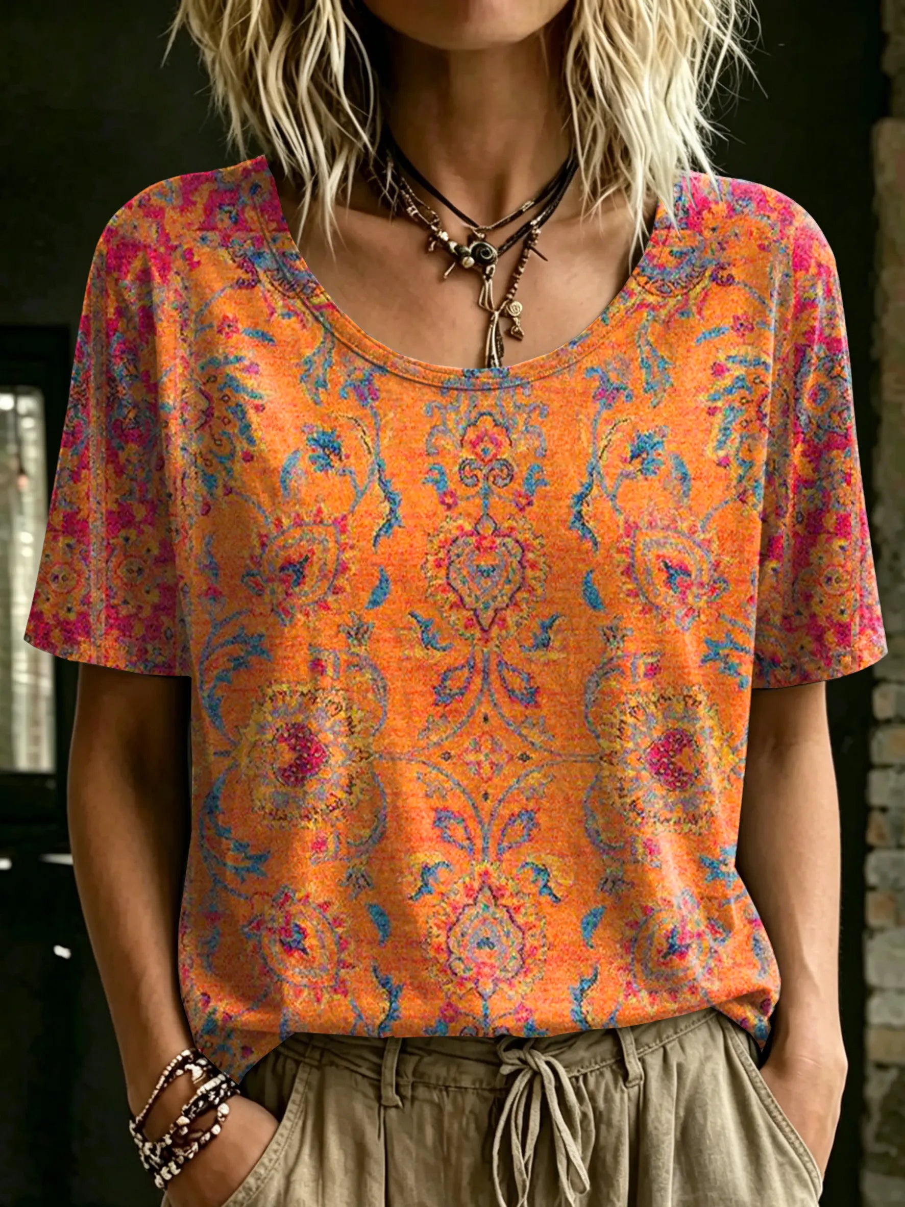 Women's Vintage Ethnic Totem Art Printed Casual Round Neck Short Sleeve Cotton T-shirt
