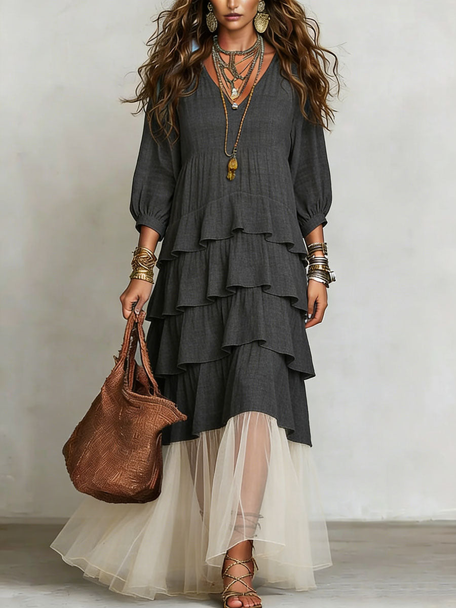 Women's Retro Organza Patchwork Art Casual Maxi Dress