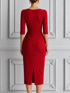 Red Dress Fall Wedding Guest Dress Ruched Keyhole Pencil Midi Dress