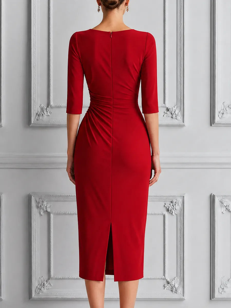 Red Dress Fall Wedding Guest Dress Ruched Keyhole Pencil Midi Dress
