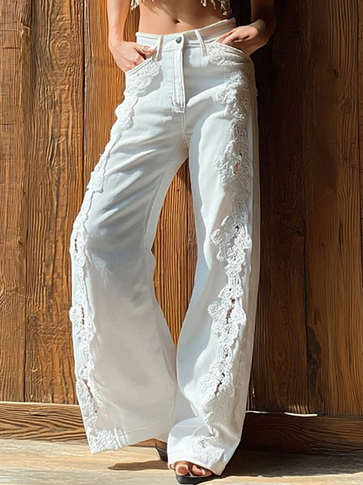 Vintage Bohemian Lace-paneled Distressed Washed Denim Jeans
