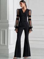 Double-Breasted Sheer Striped Mesh Balloon Sleeve Blazer & Flare Pants Two-Piece Suit Set