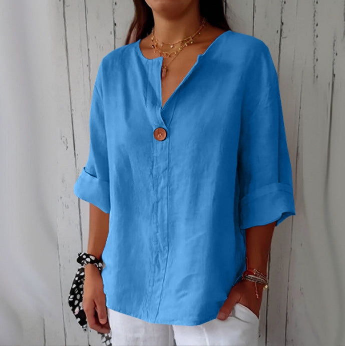 Solid Color Linen Blend Loose Blouse