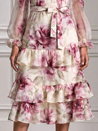 Floral Smocked Sheer Puff Sleeves & Ruffle Hem Midi Dress