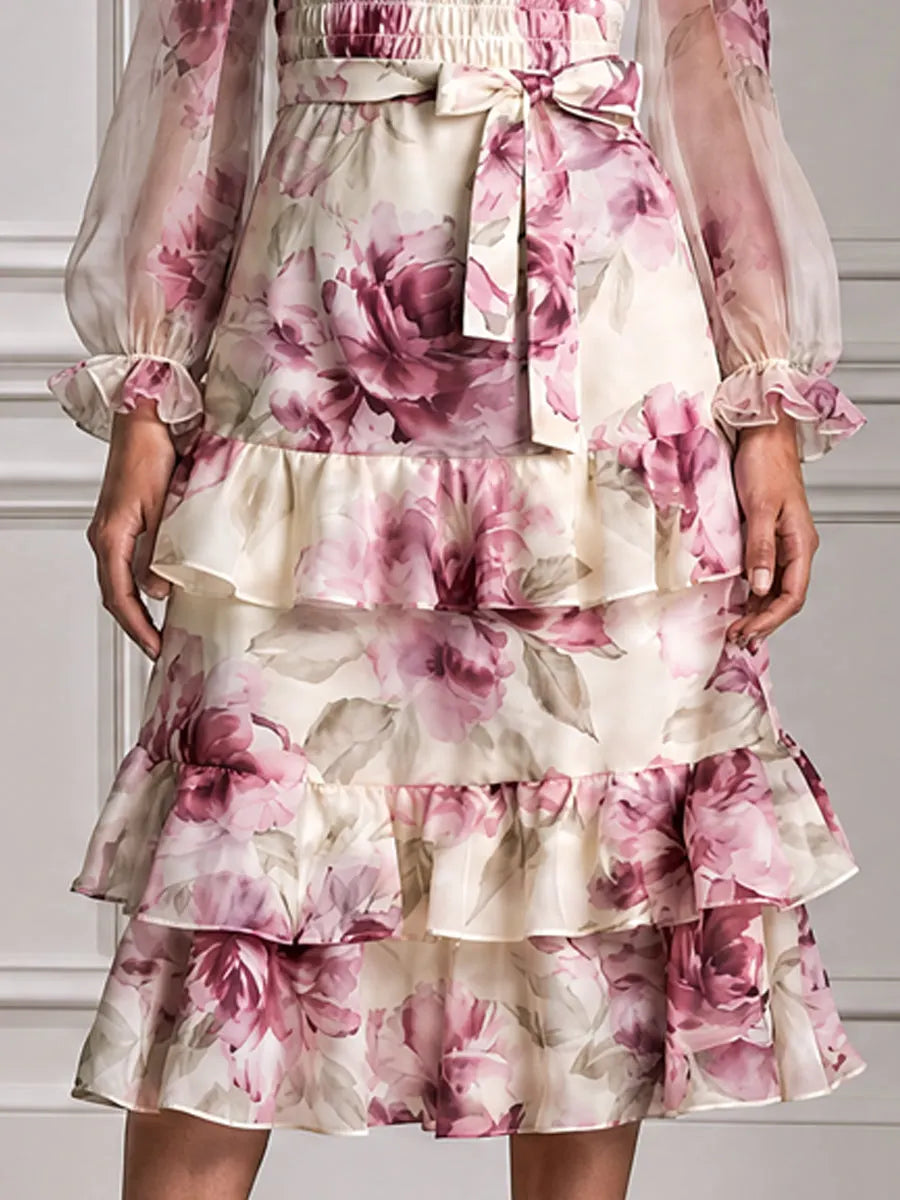 Floral Smocked Sheer Puff Sleeves & Ruffle Hem Midi Dress