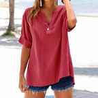 Women'S Multicolor Solid Color Stand Collar Button Cotton And Linen Three-Quarter Sleeve Top