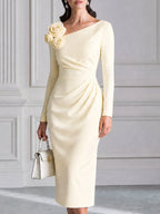 3D Rose Floral Asymmetrical Neck Ruched Midi Sheath Dress