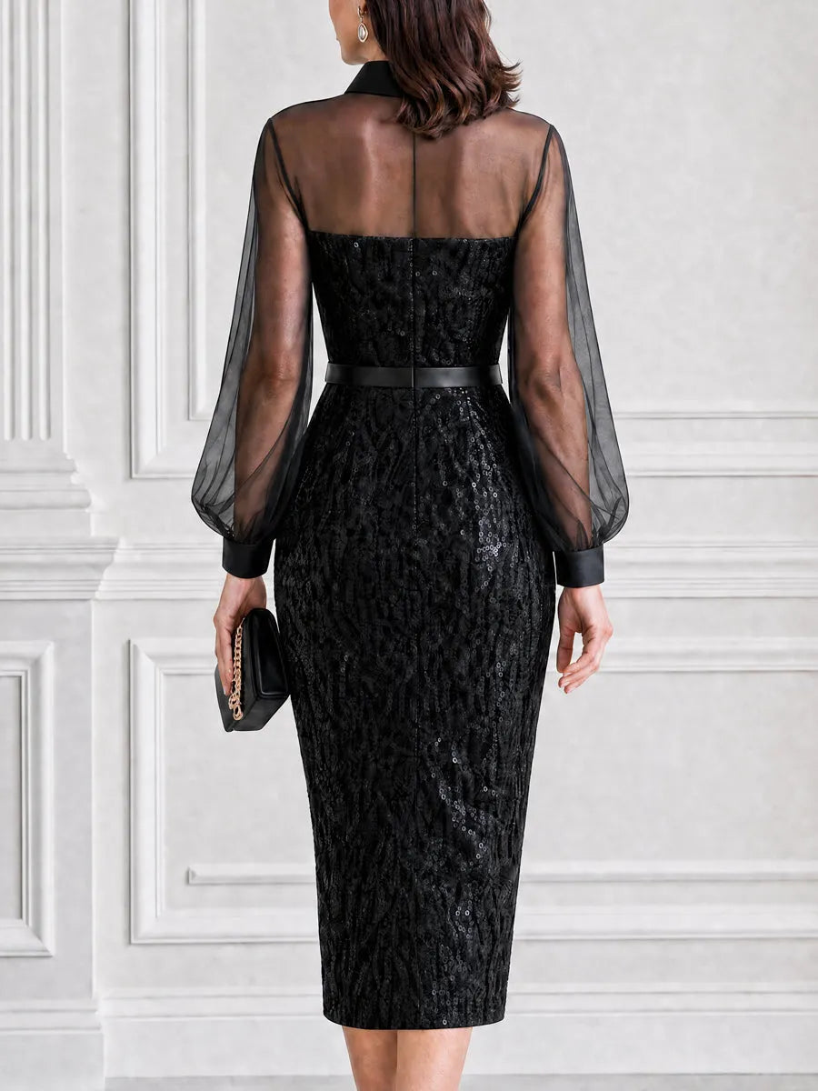 Square Buckle Belt Sweetheart Sequin Glitter Midi Dress