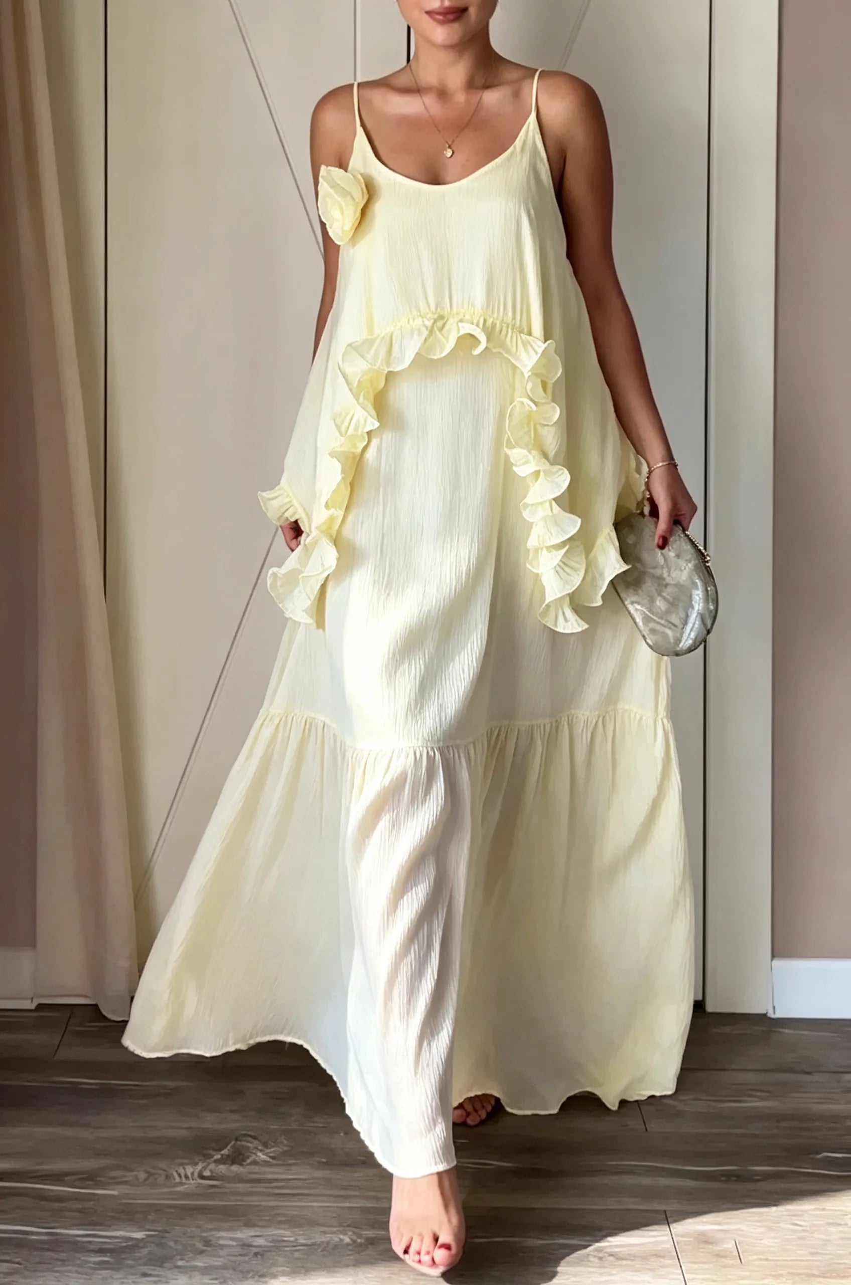 Women's Casual Loose Ruffle 3D Flower Decoration Maxi Dress