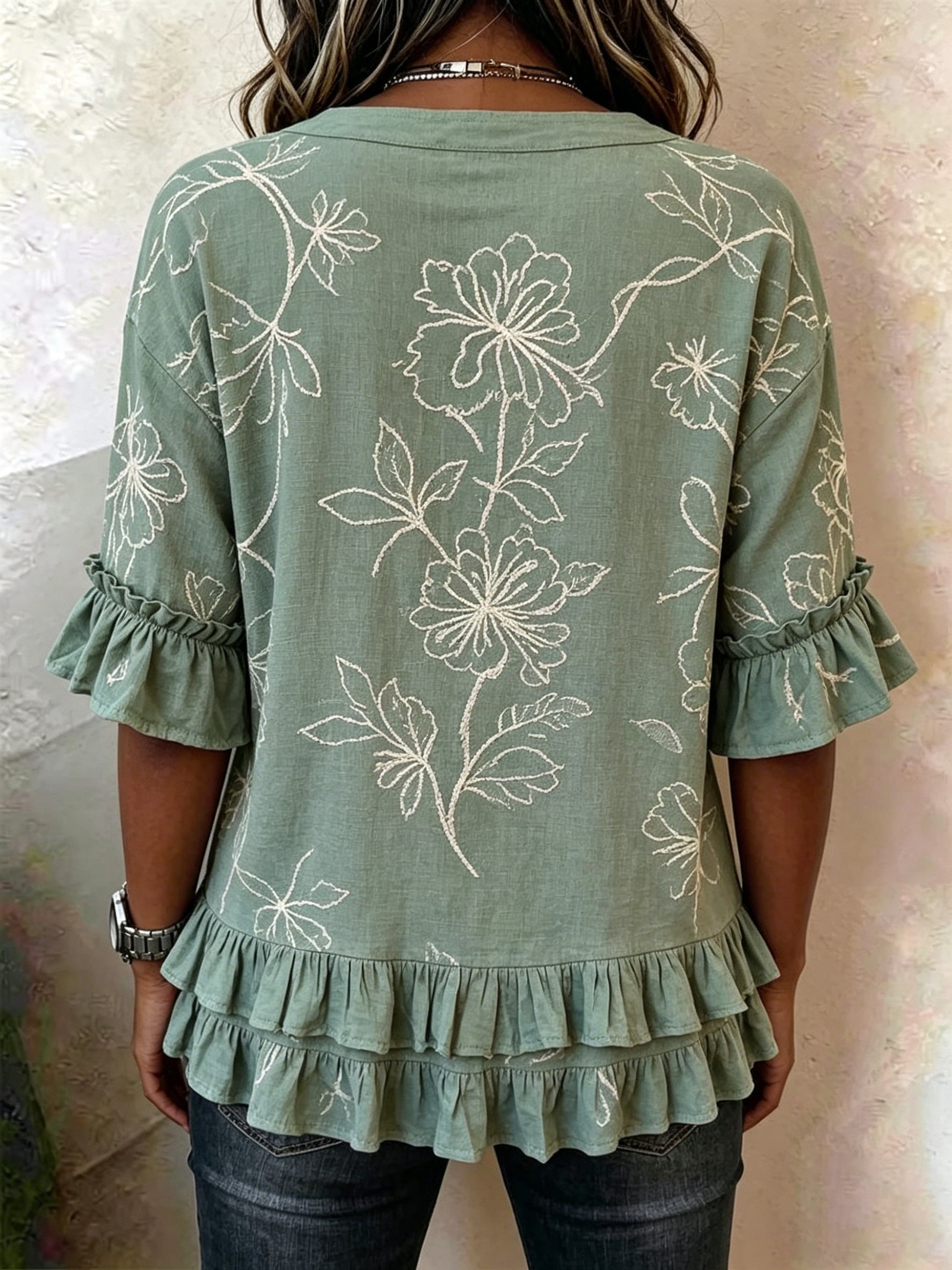Retro Floral Embroidered Ruffled V-neck Blouse