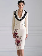 Lace-Trim Floral Blazer And Pencil Skirt Set
