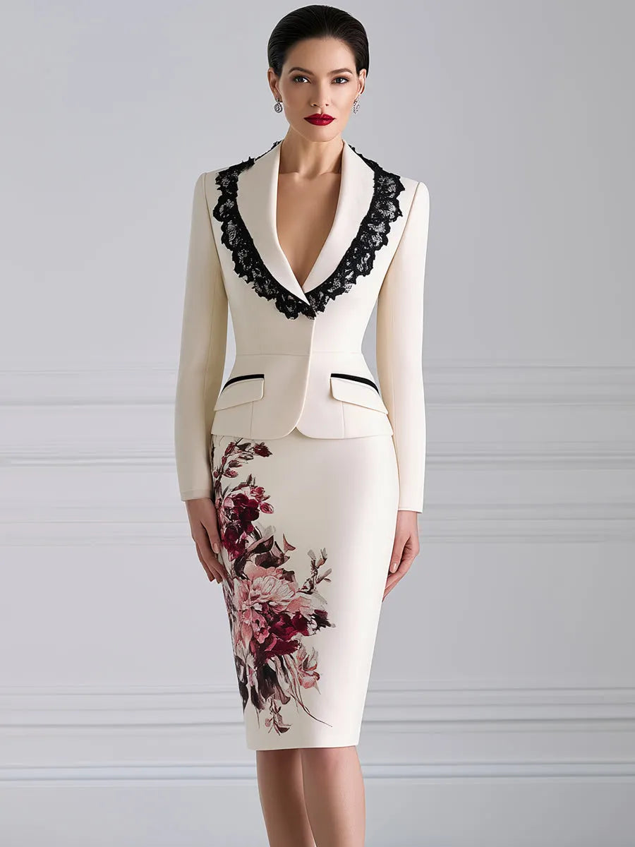 Lace-Trim Floral Blazer And Pencil Skirt Set