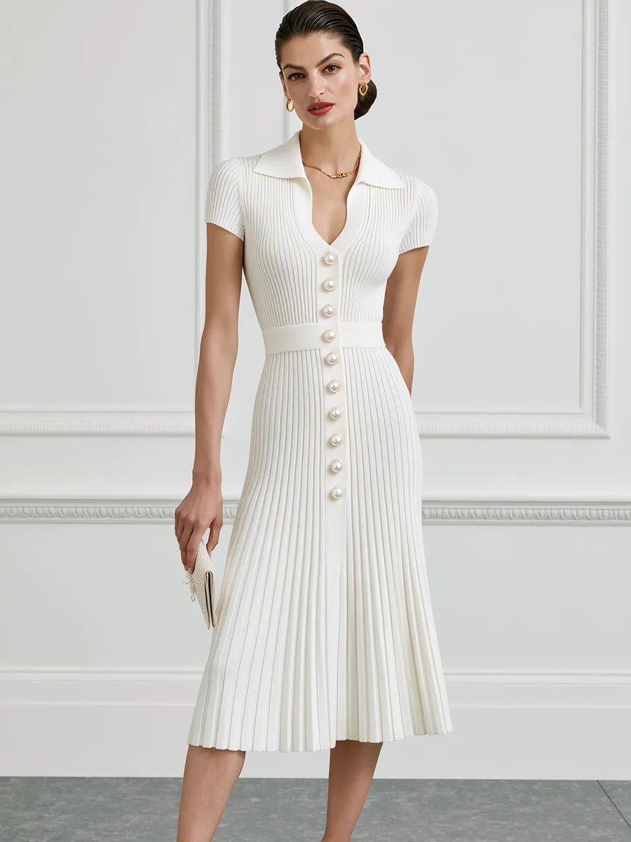 Ribbed Knit Pearl-Button Polo Midi Dress