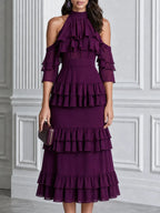 Elegant Cold Shoulder Ruffle Tiered Chiffon Midi Dress