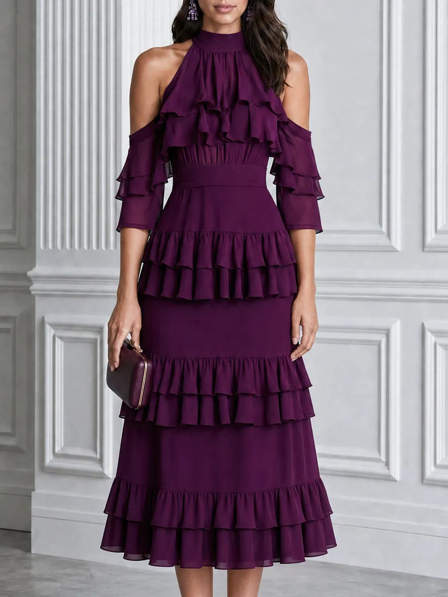 Elegant Cold Shoulder Ruffle Tiered Chiffon Midi Dress