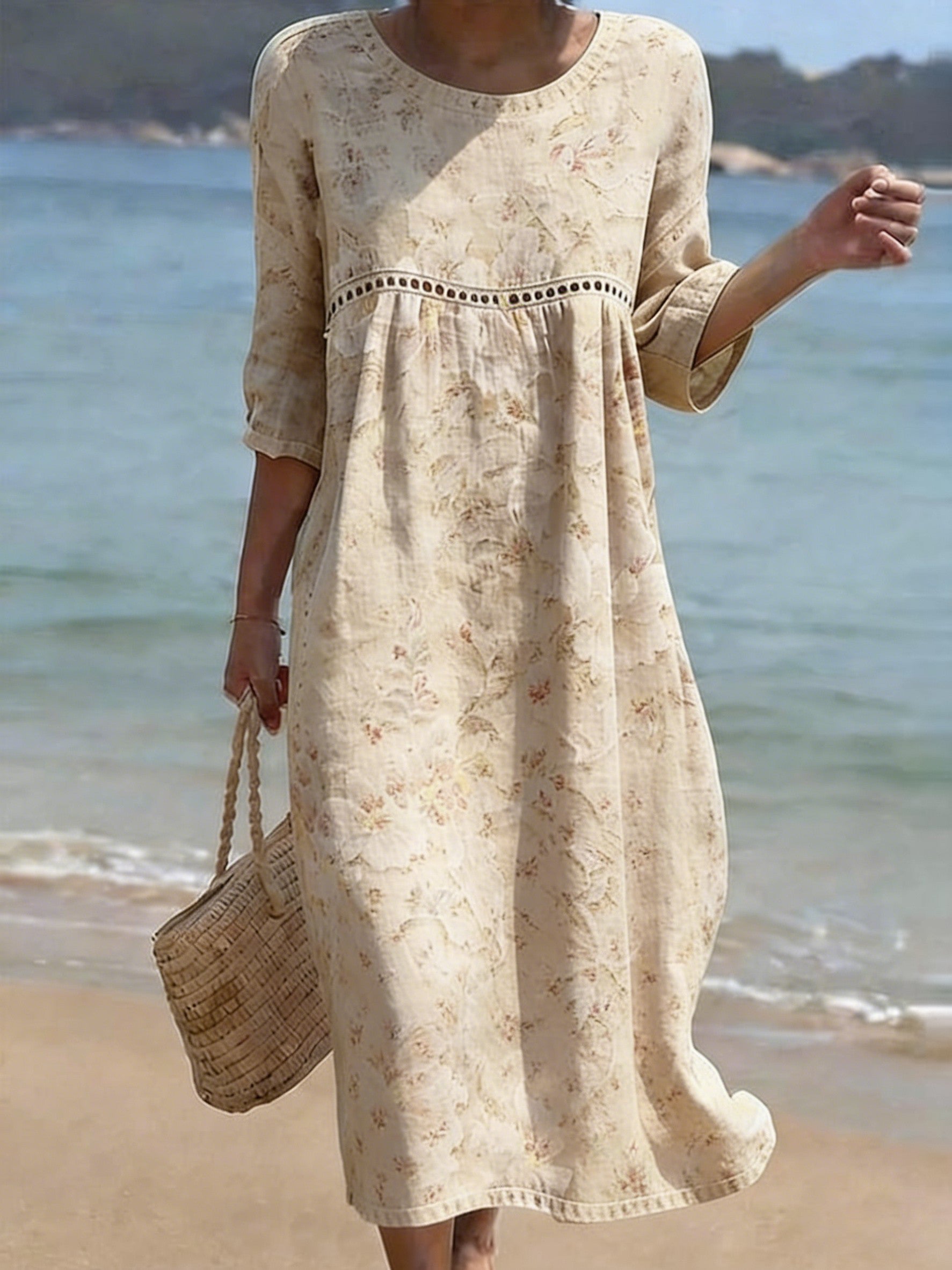 Women's Folk Pattern Printed Crew Neck Cotton and Linen Dress