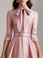 Bow-Tie Neck Satin Sheer Hem A-Line Midi Dress