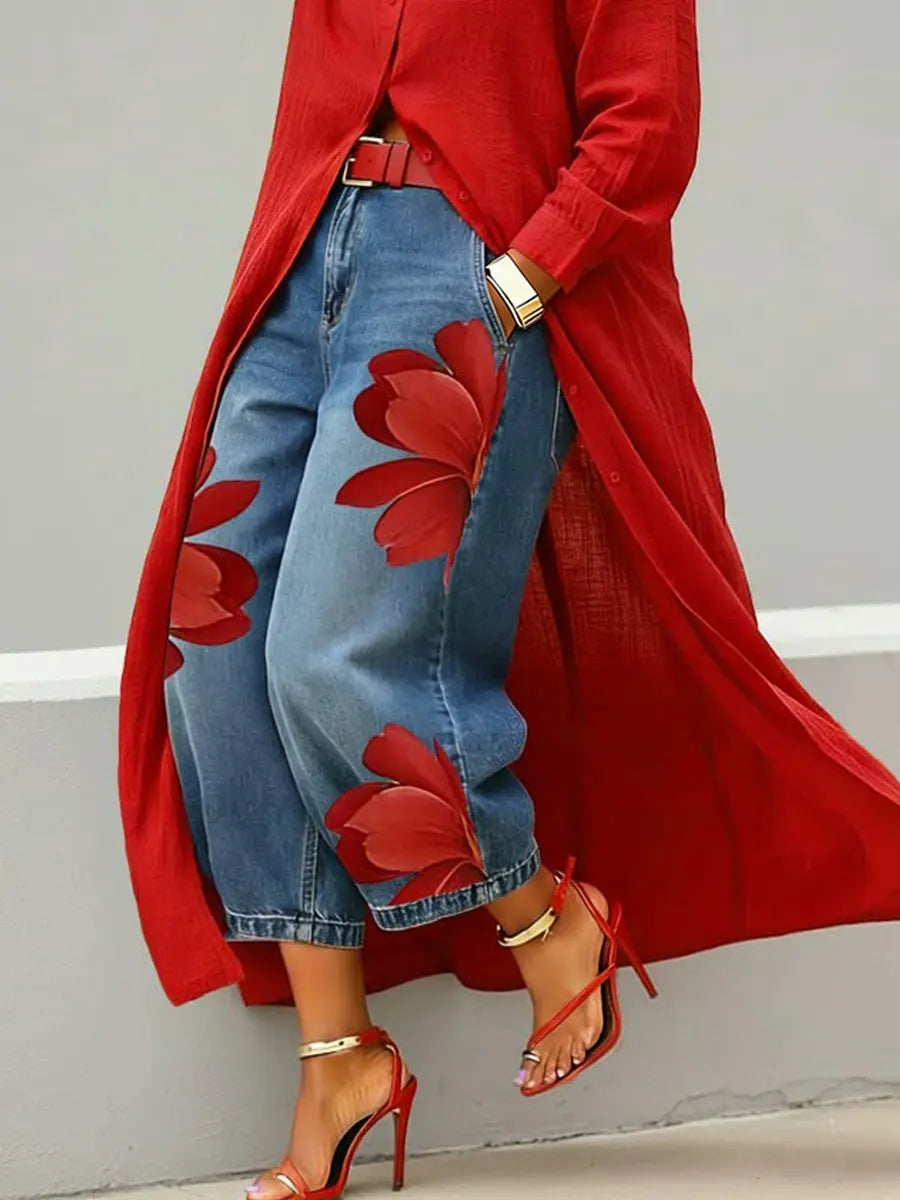 Women's Flowers Print Casual Loose Wide-leg Denim Pants
