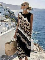 Stylish Sleeveless Leopard-Print Patchwork Resort Dress